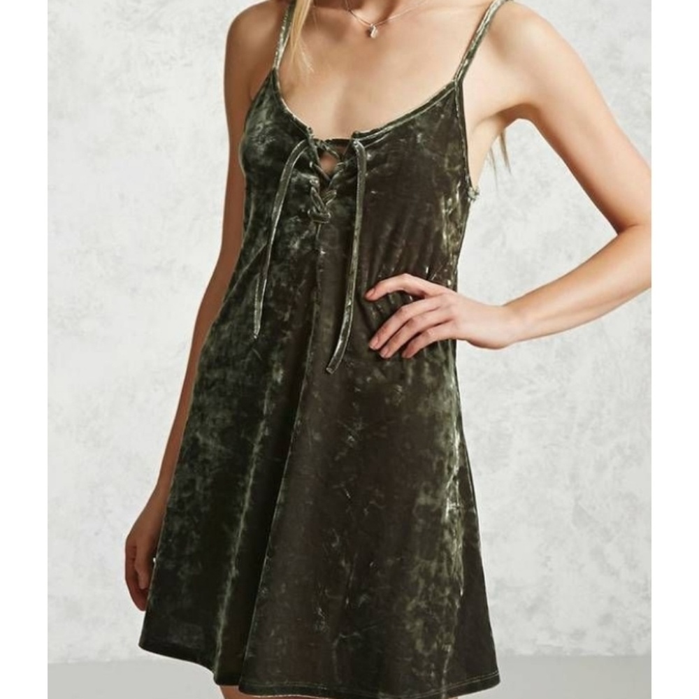 Forever 21 Olive Crushed Velvet lace-up dress